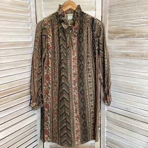 Rene Vintage 70’s Style Brown Floral Ruffle Neck Tie Front Boho Dress XS-S
